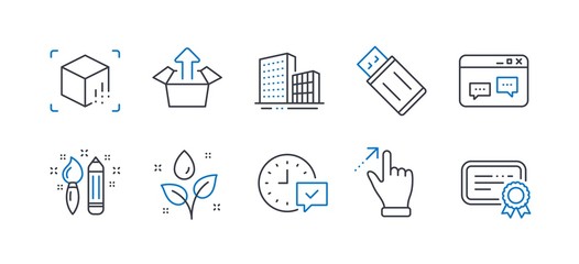 Set of Business icons, such as Send box, Browser window, Augmented reality, Usb flash, Buildings, Plants watering, Touchscreen gesture, Select alarm, Creativity, Certificate line icons. Vector