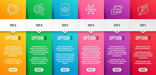 File management, Checkbox and Air conditioning line icons set. Infographic timeline. Recycle, Chemistry lab and Copyright chat signs. Doc with cogwheel, Survey choice, Snowflake. Vector