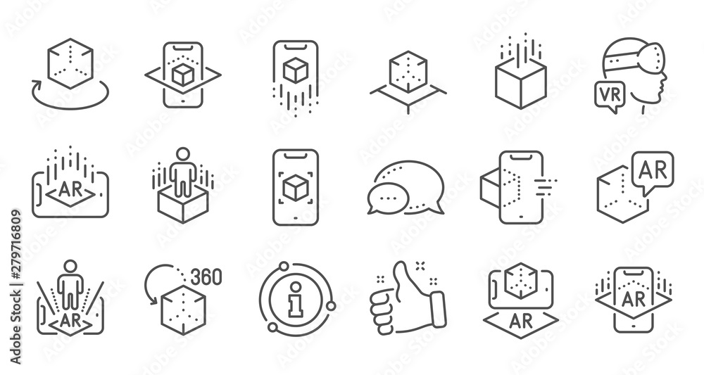 Aufkleber augmented reality line icons. vr simulation, panorama view, 360 degrees. virtual reality gaming, aug