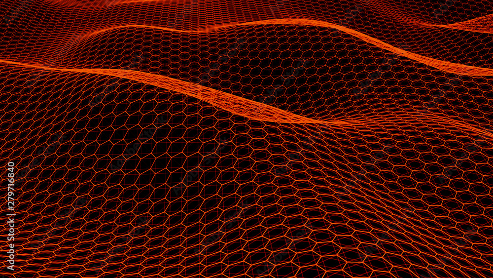 Poster abstract dynamic wave of connected lines on dark background. wave of bright lines. digital technolog