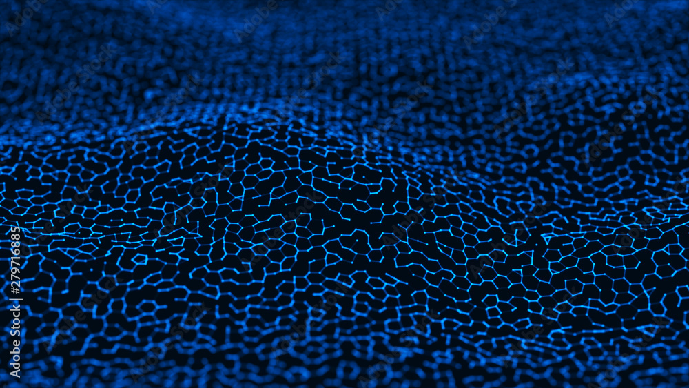 Poster abstract dynamic wave of connected dots and lines on dark background. wave of bright particles. digi
