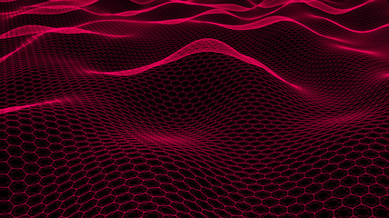 Abstract dynamic wave of connected lines on dark background. Wave of bright lines. Digital technology background. Big data. 4K illustration. 3d rendering.