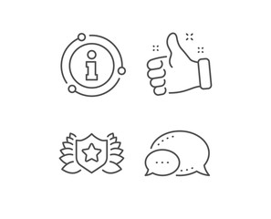 Award shield line icon. Chat bubble, info sign elements. Laurel wreath symbol. Laureate sign. Linear laureate outline icon. Information bubble. Vector