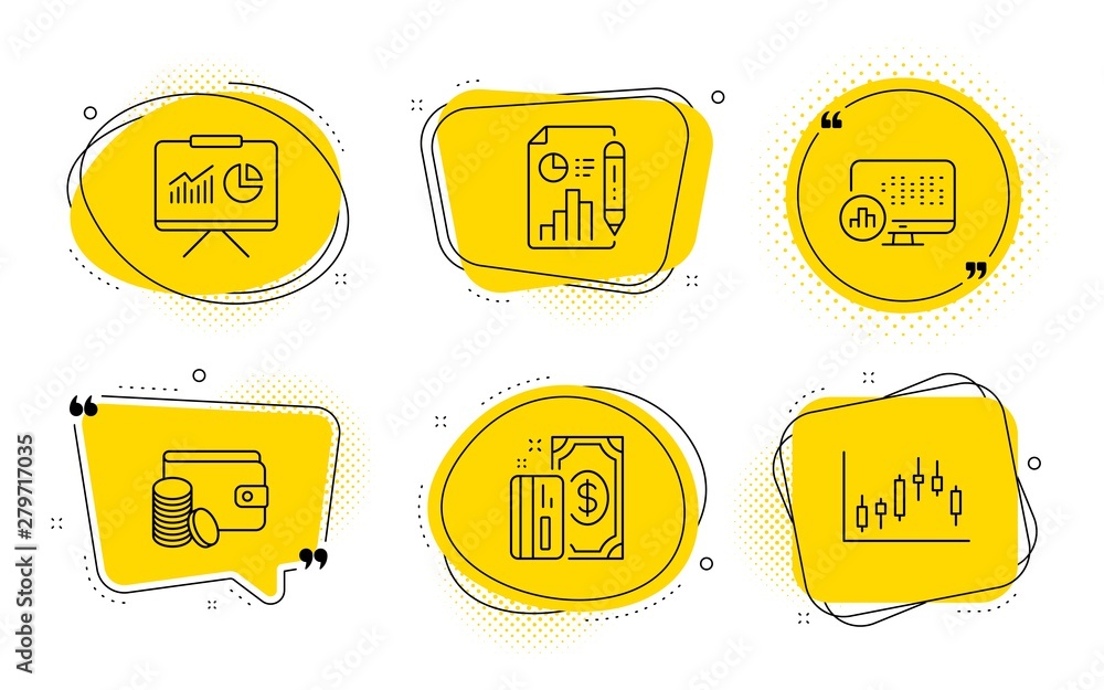 Poster payment method, report document and candlestick graph signs. chat bubbles. presentation, payment and
