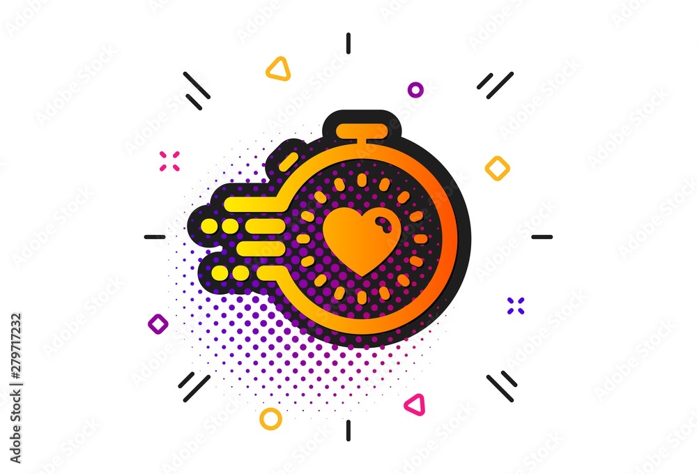 Poster time management sign. halftone circles pattern. timer icon. stopwatch with heart symbol. classic fla
