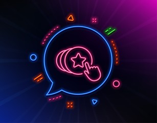 Fototapeta na wymiar Hold heart line icon. Neon laser lights. Friends love sign. Brand ambassador hand symbol. Glow laser speech bubble. Neon lights chat bubble. Banner badge with hold heart icon. Vector
