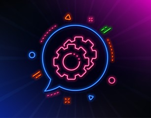 Settings gears line icon. Neon laser lights. Cogwheel sign. Working process symbol. Glow laser speech bubble. Neon lights chat bubble. Banner badge with settings gears icon. Vector