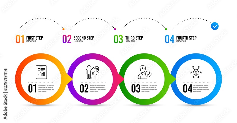 Poster edit person, report document and seo statistics line icons set. timeline infographic. air conditioni