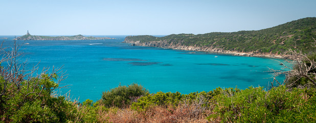 Sardinia, Villasimius. View of the beach of Capo Carbonara surrounded by unspoilt nature