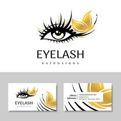 Branding for salon eyelash extension, shop cosmetic products, lashmaker, stylist. Logo and business card. Makeup with Golden butterfly. Vector illustration in a modern style