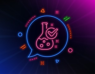 Chemistry lab line icon. Neon laser lights. Laboratory flask sign. Analysis symbol. Glow laser speech bubble. Neon lights chat bubble. Banner badge with chemistry lab icon. Vector