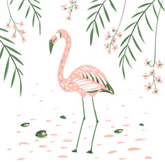 Pink Flamingo on the background of flowers and tropical leaves. Illustration in cartoon style