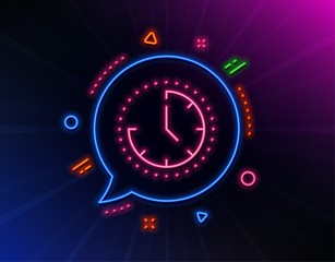 Naklejka na ściany i meble Time management line icon. Neon laser lights. Clock sign. Watch symbol. Glow laser speech bubble. Neon lights chat bubble. Banner badge with time icon. Vector