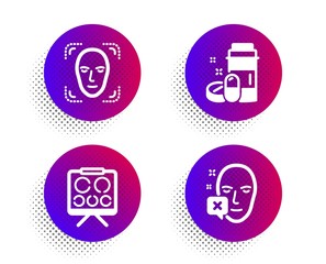 Vision board, Face detection and Medical drugs icons simple set. Halftone dots button. Face declined sign. Eye check, Detect person, Medicine bottle. Identification error. Healthcare set. Vector