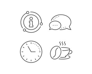 Fototapeta premium Coffee cup with beans line icon. Chat bubble, info sign elements. Hot cappuccino sign. Tea drink mug symbol. Linear coffee cup outline icon. Information bubble. Vector