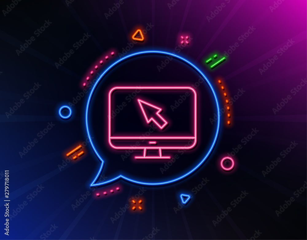 Poster computer or monitor icon. neon laser lights. mouse cursor sign. personal computer symbol. glow laser