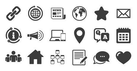 Set of Communication, Conference and Information icons. Information, chat bubble icon. E-Mail, Printer and Internet signs. Speech bubble, Support and Phone call symbols. Quality set. Vector