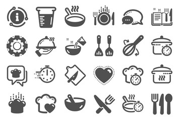 Obraz na płótnie Canvas Cooking icons. Boiling time, Frying pan and Kitchen utensils. Fork, spoon and knife icons. Recipe book, chef hat and cutting board. Cooking book, frying time, hot pan. Quality set. Vector