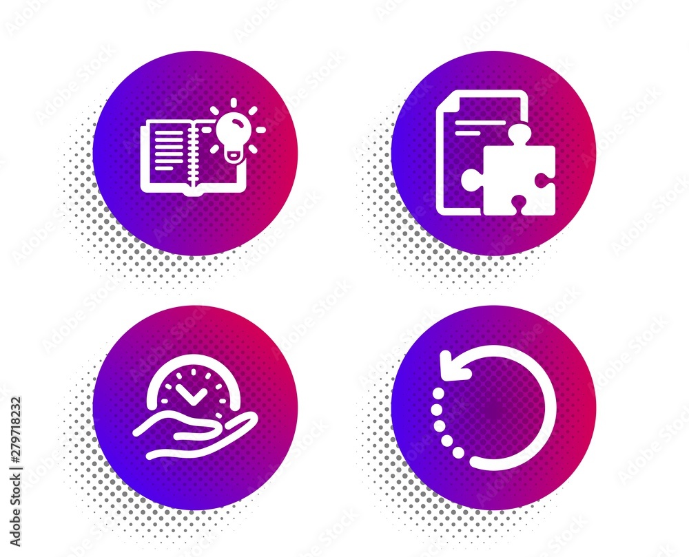 Poster strategy, product knowledge and safe time icons simple set. halftone dots button. recovery data sign