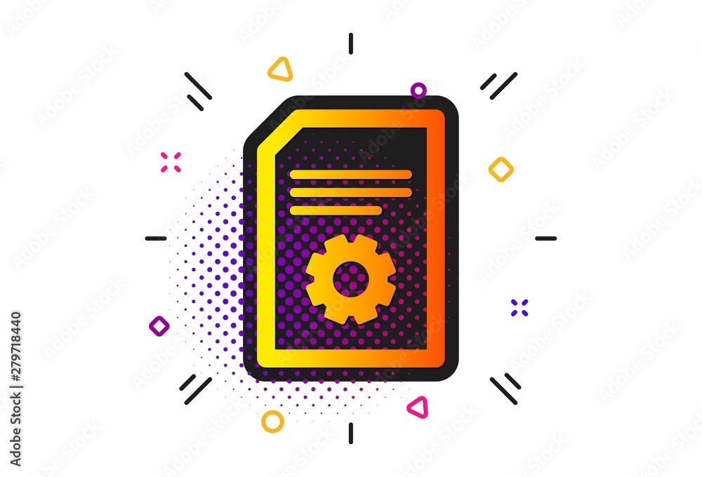 Poster information file with cogwheel sign. halftone circles pattern. document management icon. paper page 
