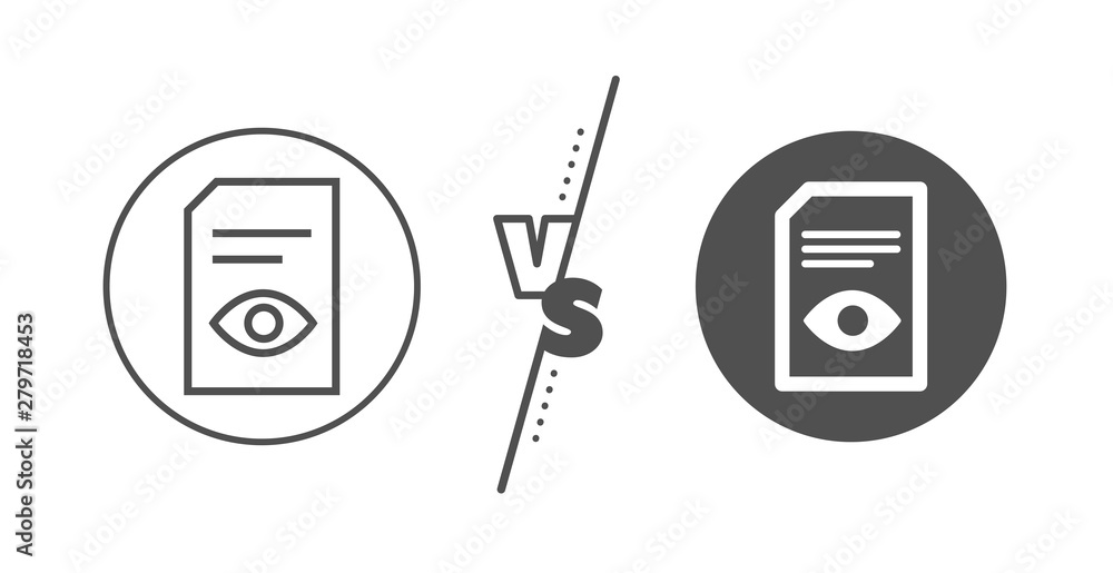Aufkleber open information file sign. versus concept. view document line icon. paper page with eye concept sym