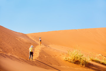 Fototapeta na wymiar Kids climbing up red sand dune