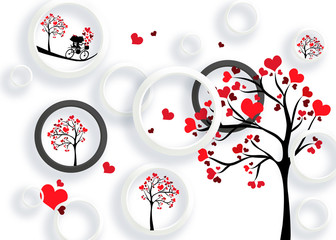 3d mural valentine love background with circles and hearts tree - obrazy, fototapety, plakaty