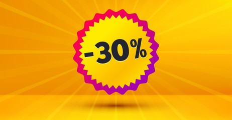 Discount banner shape. Sale 30 percent off badge. Coupon bubble icon. Abstract yellow background. Modern concept design. Banner with offer badge. Vector