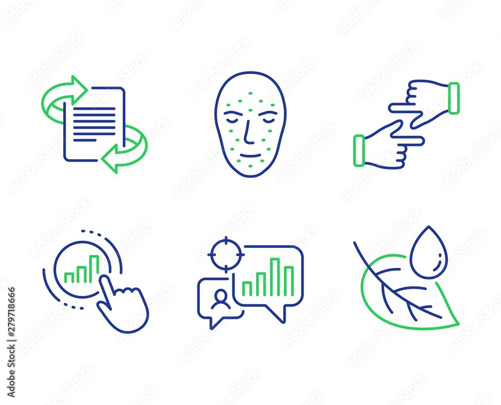 Aufkleber marketing, graph chart and click hands line icons set. seo statistics, face biometrics and leaf dew 
