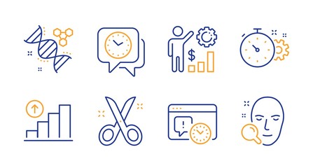 Project deadline, Chemistry dna and Employees wealth line icons set. Graph chart, Scissors and Clock signs. Cogwheel timer, Face search symbols. Time management, Chemical formula. Vector