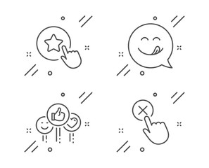 Like, Yummy smile and Loyalty star line icons set. Reject click sign. Social media likes, Emoticon, Bonus reward. Delete button. People set. Line like outline icon. Vector