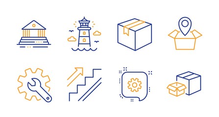 Court building, Parcel and Package location line icons set. Lighthouse, Cogwheel and Customisation signs. Stairs, Packing boxes symbols. Government house, Shipping box. Industrial set. Vector