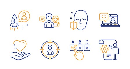 Fototapeta premium Hold heart, Smile and People talking line icons set. Startup, Face protection and Correct checkbox signs. Headhunting, Settings blueprint symbols. Care love, Laptop feedback. People set. Vector