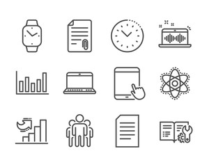 Set of Education icons, such as Attachment, Engineering documentation, Time management, Group, Document, Tablet pc, Chemistry atom, Music making, Column chart, Notebook, Smartwatch. Vector