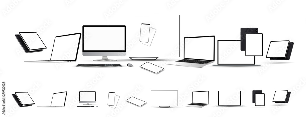 Poster collection mockup gadgets. 3d realistic set (tablet, tv, laptop,mobile cellphone, pc monitor) device