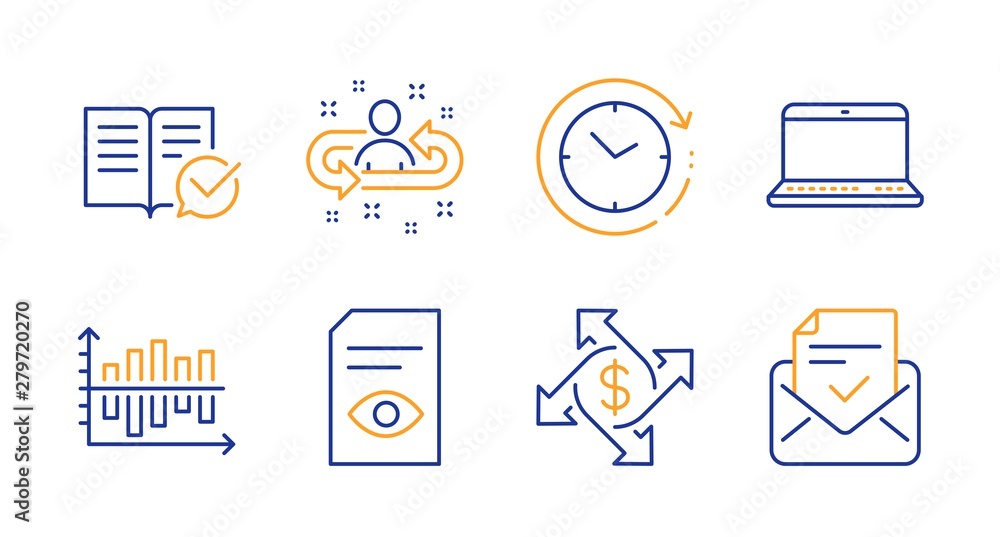 Poster diagram chart, time change and notebook line icons set. recruitment, approved documentation and paym