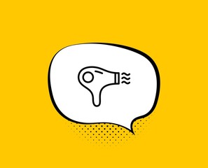 Hair dryer line icon. Comic speech bubble. Hairdryer sign. Hotel service symbol. Yellow background with chat bubble. Hair dryer icon. Colorful banner. Vector