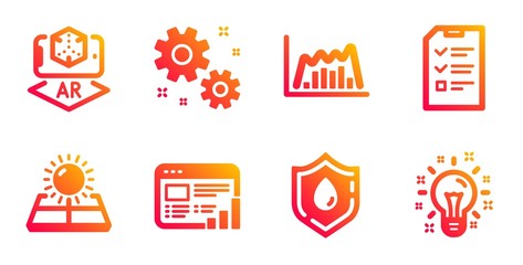 Infographic graph, Blood donation and Sun energy line icons set. Work, Interview and Augmented reality signs. Web report, Idea symbols. Line diagram, Medicine analyze. Science set. Vector