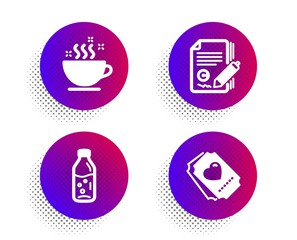 Water bottle, Coffee cup and Copywriting icons simple set. Halftone dots button. Love ticket sign. Soda drink, Hot drink, Copyright signature. Heart. Business set. Vector