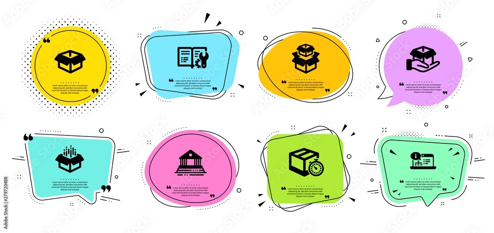 Poster delivery timer, open box and packing boxes line icons set. chat bubbles with quotes. online document