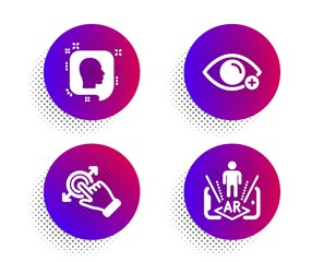 Head, Touchscreen gesture and Farsightedness icons simple set. Halftone dots button. Augmented reality sign. Profile messages, Drag drop, Eye vision. Phone simulation. People set. Vector