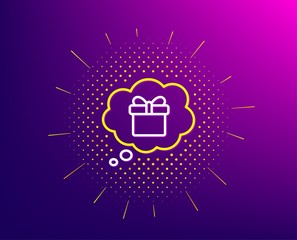 Dreaming of Gift line icon. Halftone pattern. Present box in Comic speech bubble sign. Birthday Shopping symbol. Package in Gift Wrap. Gradient background. Gift dream line icon. Vector