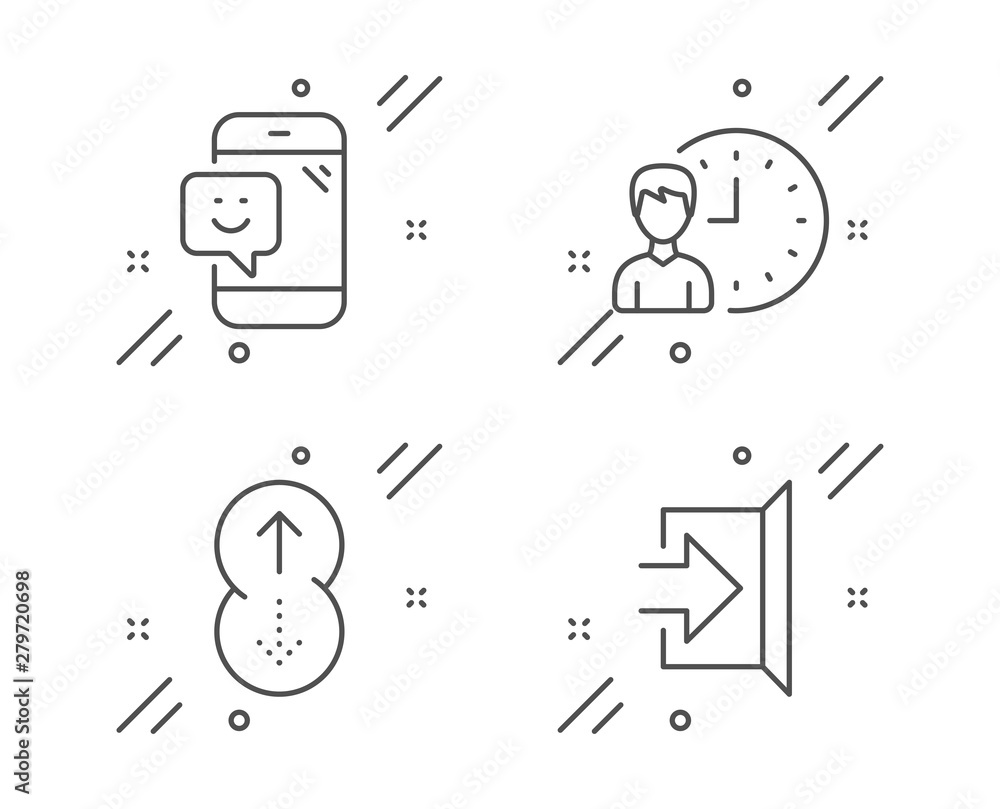 Poster smile, working hours and swipe up line icons set. exit sign. phone feedback, project deadline, scrol