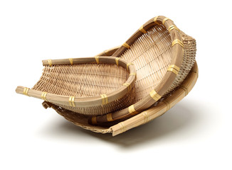 Bamboo basket hand made isolated on white background. Woven from bamboo tray.