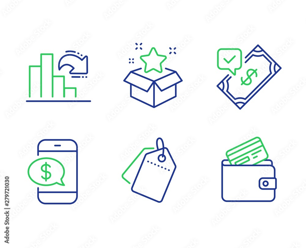Poster sale tags, accepted payment and loyalty program line icons set. phone payment, decreasing graph and 
