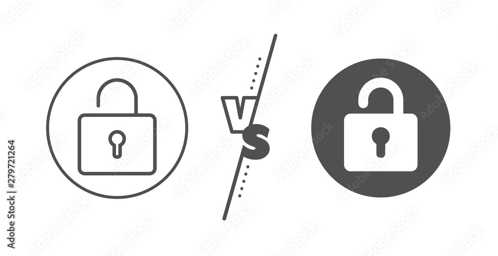 Poster private locker sign. versus concept. lock line icon. password encryption symbol. line vs classic loc