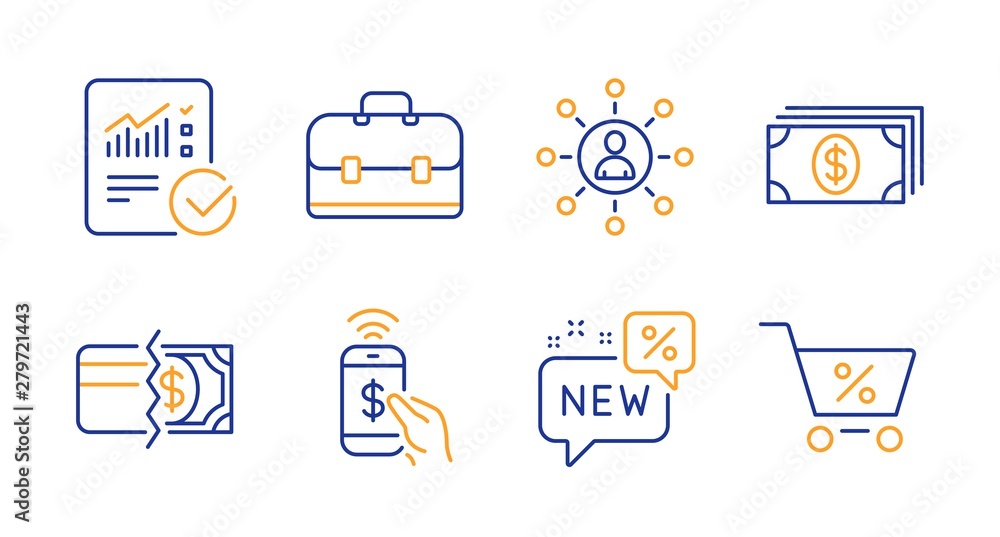 Aufkleber payment methods, checked calculation and networking line icons set. portfolio, new and phone payment