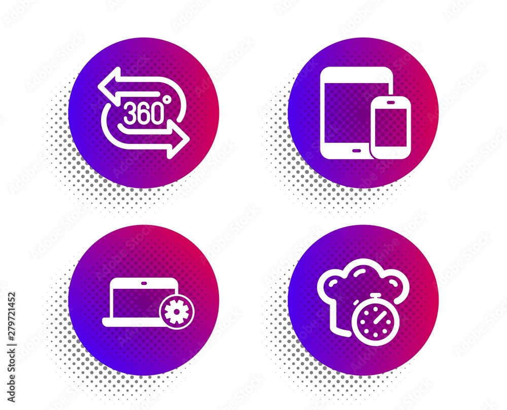 Poster notebook service, 360 degree and mobile devices icons simple set. halftone dots button. cooking time