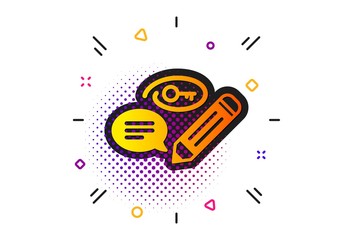 Obraz premium Pencil with key symbol. Halftone circles pattern. Keywords icon. Marketing strategy sign. Classic flat keywords icon. Vector