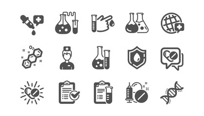 Medical healthcare, doctor icons. Drug testing, scientific discovery and disease prevention icons. Chemical formula, chemistry testing lab. Classic set. Quality set. Vector
